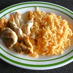 Kids #9. Grilled chicken topped with cheese and served with rice.